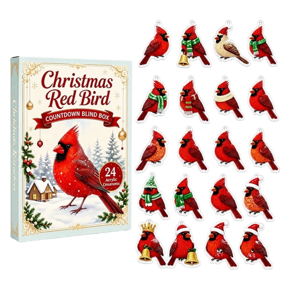 Aximioll Christmas Red Bird Advent Calendar, 24‑Day Christmas Countdown Blind Box, 24 Pcs Cardinal Red Bird Acrylic Hanging Ornaments, Christmas Gifts for Bird‑Lovers & Winter Decoration Collectors