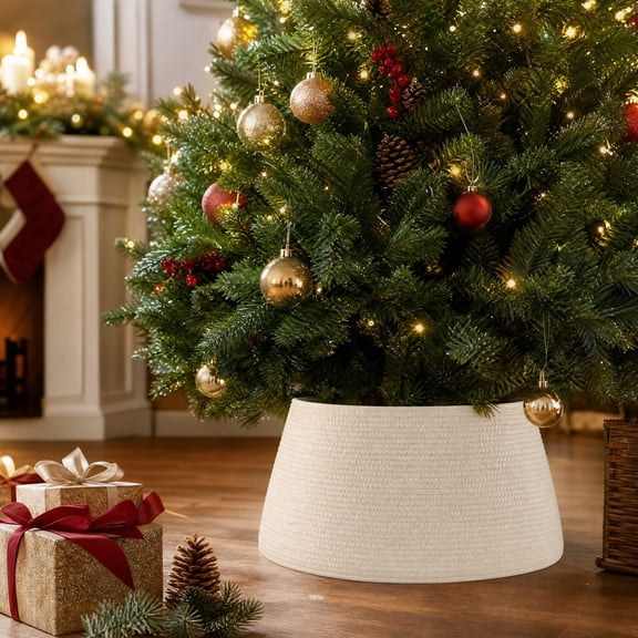Aximioll Christmas Tree Collar, 30 Inch Cream Woven Adjustable Tree Skirt Wrap, Xmas Tree Base Cover with Clips for Indoor Home Holiday Christmas Decor