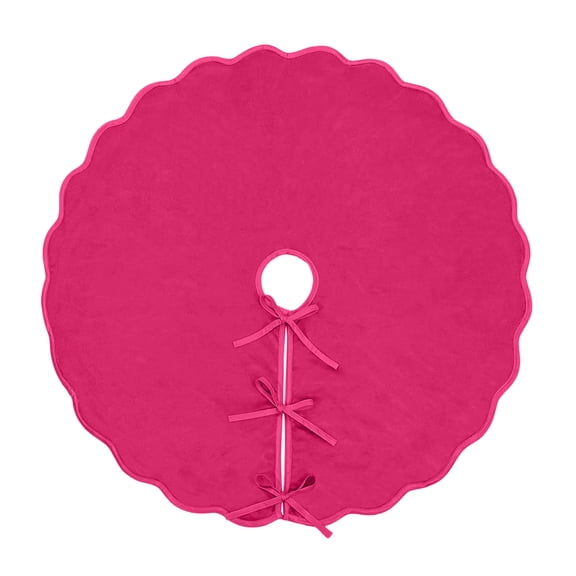 Aximioll Christmas Tree Skirt 48.03 in, Bright Pink Scalloped Plush Fabric Mat with Tied Fasteners, Festive Floor Accent for Holiday Living Room Displays