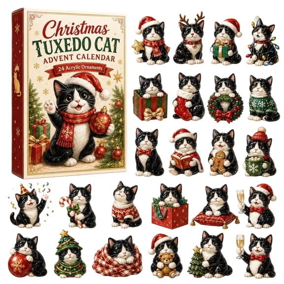Aximioll Christmas Tuxedo Cat Advent Calendar 2026, 24 Days of Christmas Countdown Calendar with 24Pcs Tuxedo Cat 2D Acrylic Hanging Ornaments, Xmas Gift for Cat Lovers Kids Adults Tuxedo Cat Owners