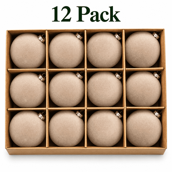 Aximioll Christmas Velvet Ball Ornaments 12 Pack Beige, Soft Flocked Matte Texture and Shatterproof Core Loops, Holiday Baubles for Pine Branches and Door Wreath
