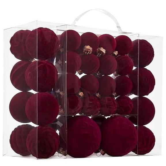 Aximioll Christmas Velvet Ornaments 46 Pack Burgundy Red, Embossed Baroque Relief Shatterproof Core Hanging Loops, Tree Baubles for Holiday Branches and Pine Garland