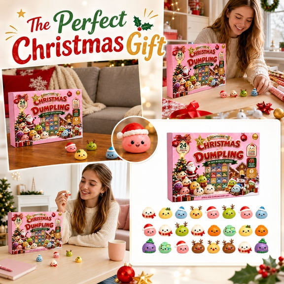 Aximioll Dumpling Toy Christmas Advent Calendar, Pink Snowy Village Scene Countdown Box with Santa Hat Toys, Novelty Squeeze Toy Gift Set for Kids and Holiday Display
