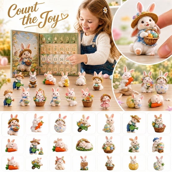 Aximioll Easter Bunny Advent Calendar, 24 Day Countdown with 24 Flat Acrylic Bunnies Holding Eggs and Blossoms, Spring Holiday Basket Stuffer and Decor Gift for Kids