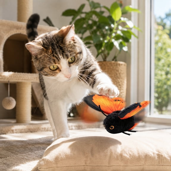 Aximioll Electric Flapping Butterfly Cat Toy, Interactive Hanging Elastic Teaser Toy, Lifelike Moving Plush Bug for Indoor Cats, Kittens Hunting Boredom Relief