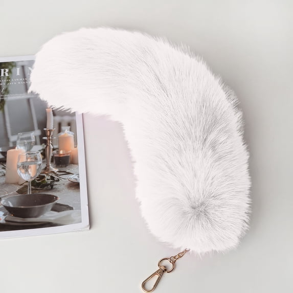 Aximioll Faux Fur Fox Tail Keychain 12.2 Inch, Fluffy Plush Furry Tail Bag Charm with Lobster Clasp, Faux Fox Tail Pendant for Handbag Backpack, White
