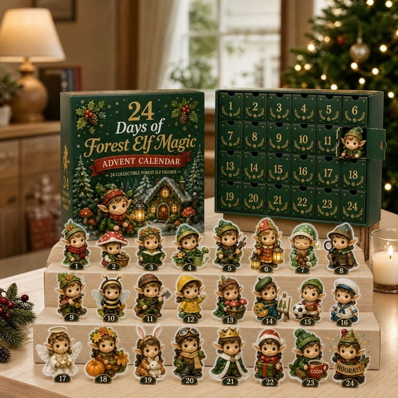Aximioll Forest Elf Christmas Advent Calendar, 24 Daily Compartment Reveals of Leaf Themed Miniature Elves, Tabletop Display and Festive Keepsake Gift for Collectors