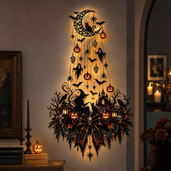 Aximioll Gothic Moon Shadow Wall Light Decor, 39.4" Lighted Witch Castle Halloween Backdrop Hanging Art, 39.4x17.7 In Plastic Holiday Home Party Decorations