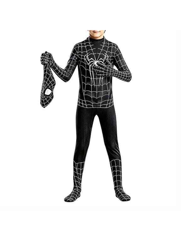 Halloween Black Spider Superhero Costume, Pop Cosplay Fancy Dress Costumes, Halloween Stage Performance Spider Outfit-Jumpsuit+Mask, Boys Birthday Party Dress Up Costumes, Black/110