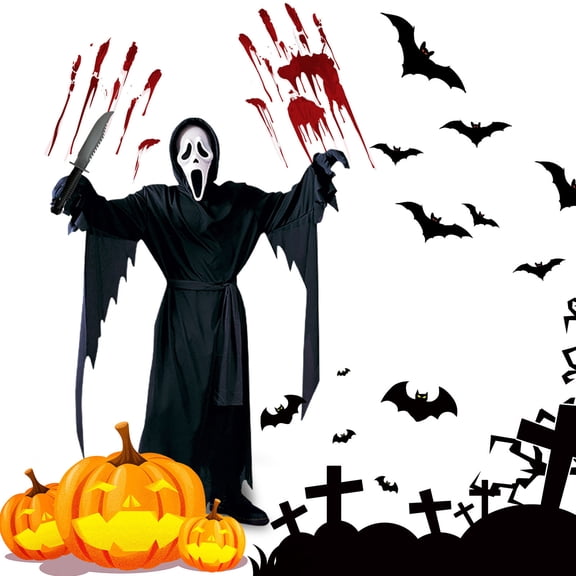 Aximioll Halloween Ghost Face Cosplay Costume, Black Hooded Robe Ghost Outfit, Halloween Party Role Play Suit With Plastic Knife, Boys Halloween Party Stage Performance Outfit, Black/S