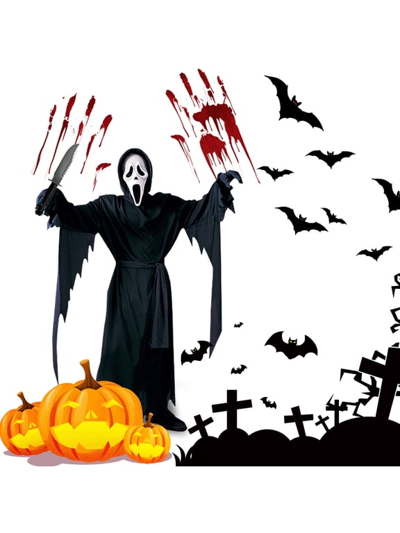 Halloween Ghost Face Cosplay Costume, Black Hooded Robe Ghost Outfit, Halloween Party Role Play Suit With Plastic Knife, Boys Halloween Party Stage Performance Outfit, Black/S