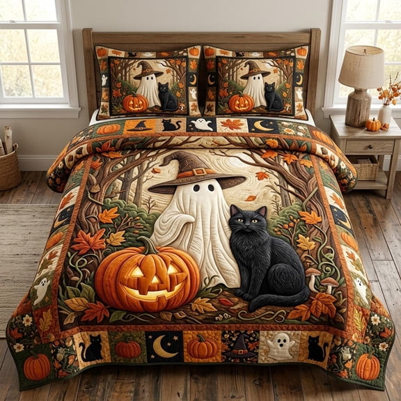 Aximioll Halloween Ghost and Pumpkin 3-Piece Quilt Set 68.9 x 90.2 in, Quilted Bedspread with Pillowcases, Halloween Bedding for Bedroom Decor