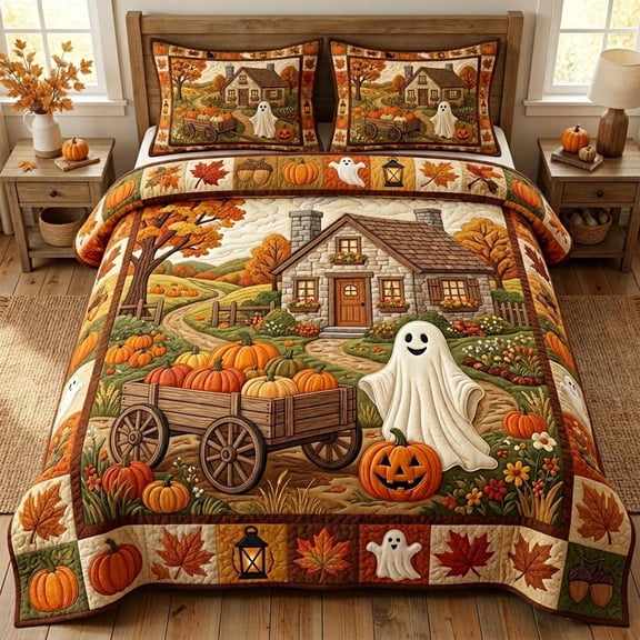 Aximioll Halloween Ghost and Pumpkin 3-Piece Quilt Set 68.9 x 90.2 in, Quilted Bedspread with Pillowcases, Halloween Bedding for Bedroom Decor