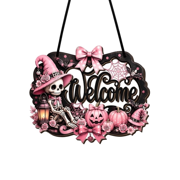 Aximioll Halloween Pink Ghost Door Sign 11.81In Decor, Wood Layered Hanging Plaque, Welcome Accent for Front Door Entryway Porch Wall Fireplace Mantel Holiday Party