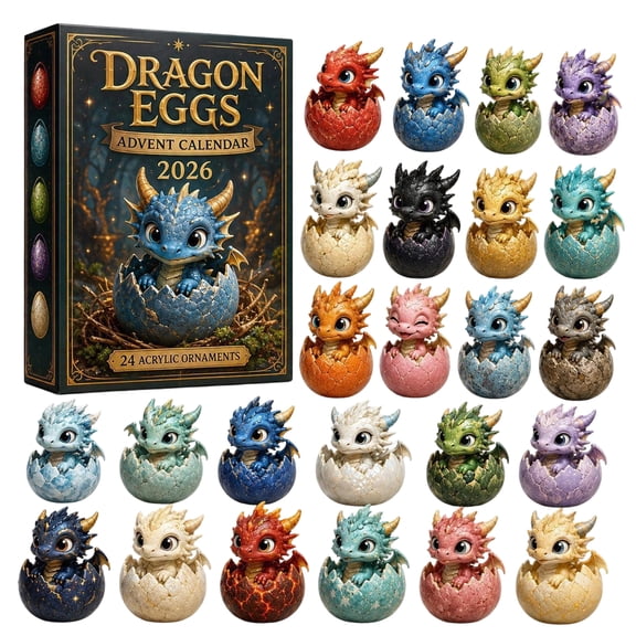 Aximioll Hatching Baby Dragon Advent Calendar, 24 Day Countdown with 24 Acrylic Baby Dragons in Elemental Eggs, Holiday Tree Ornaments and Fantasy Gift for Kids and Teens