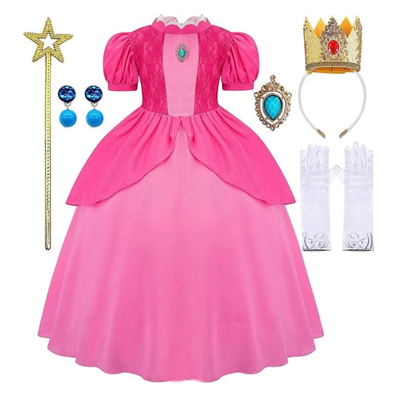 Aximioll Little Girls Fairy Tale Princess Dress, Halloween Party Elegant Princess Dress up Clothes with Accessories, Toddler Princess Cosplay Outfits for Girls Age 2 - 12 Years, Pink/100