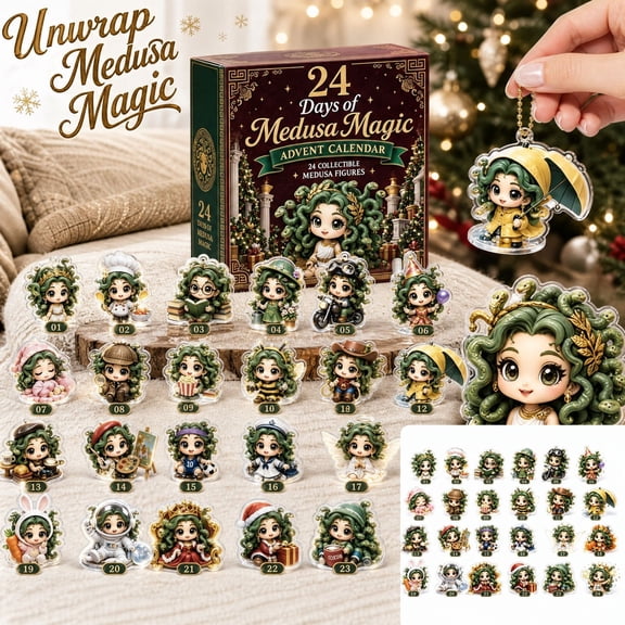 Aximioll Medusa Figurine Christmas Advent Calendar, 24 Days of Chibi Snake Hair Figures on Numbered Circular Bases, Mythology Collectible Gift for Holiday Desk Display