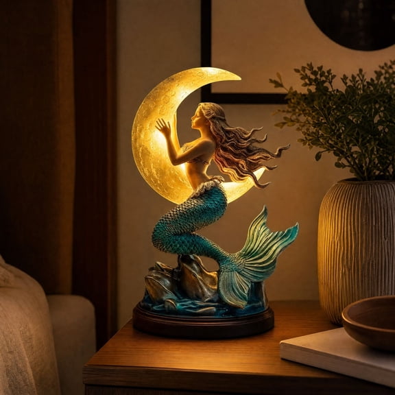 Aximioll Mermaid Moon Night Light Statue, 6.7" Fantasy Ocean Mermaid Figurine Resin Desktop Decor Ornament, Tabletop Decoration for Home Bedroom, Birthday Holiday Gift for Mermaid Lovers