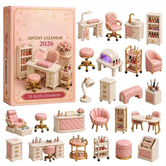 Aximioll Miniature Nail Salon Furniture Figurine Advent Calendar, 24 Days of 3D Manicure Tables and Pedicure Basins, Collectible Set for Dollhouse Play and Salon Display