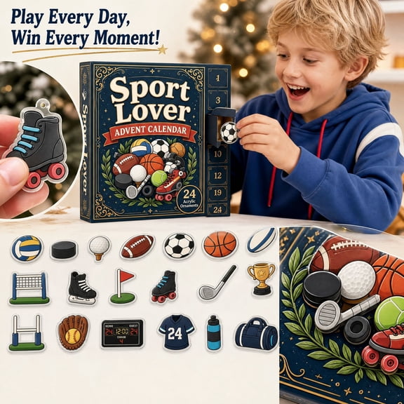 Aximioll Multi-Sport Equipment Advent Calendar, 24 Day Countdown with Flat Acrylic Soccer Basketball Helmet and Medal Ornaments, Christmas Tree Hanging Decor for Athletes