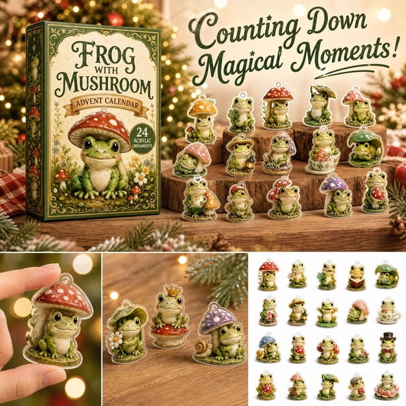 Aximioll Mushroom Frog Advent Calendar, 24 Day Countdown with Flat Acrylic Cutout Frogs in Red Toadstool Caps, Whimsical Christmas Keepsake Gift for Woodland Fans