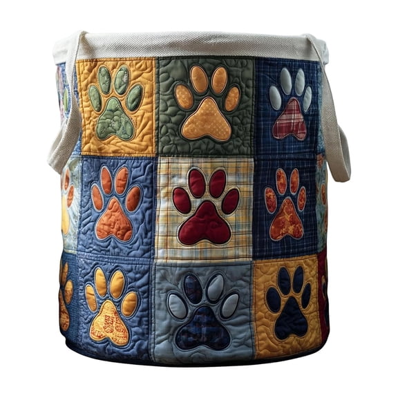 Aximioll Patchwork Paw Prints 3D Quilted Laundry Hamper 14 x 18 in, Foldable Cylindrical Bin with Dual Sturdy Handles, Fabric Clothes Basket for Nursery and Playroom