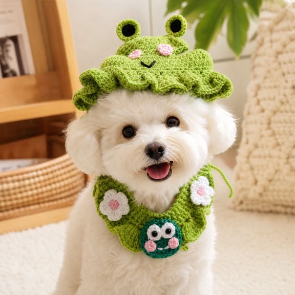 Aximioll Pet Frog Costume Hat and Bib Set, Cute Knitted Dog Cat Headpiece Collar Outfit, Creative Puppy Kitten Dress Up Accessories for Daily Parties