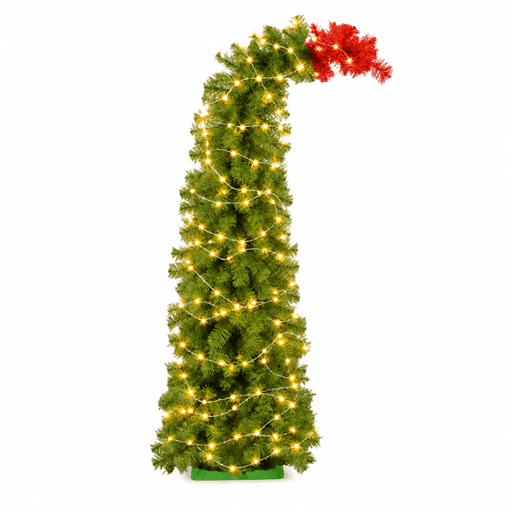 Aximioll Prelit Whimsical Bent Top Christmas Tree 51", Christmas Tree Battery Operated 8 Lighting Modes LED Lights with Stand, Christmas Tree for Living Room Corner Entryway Xmas Holiday Decor, Green