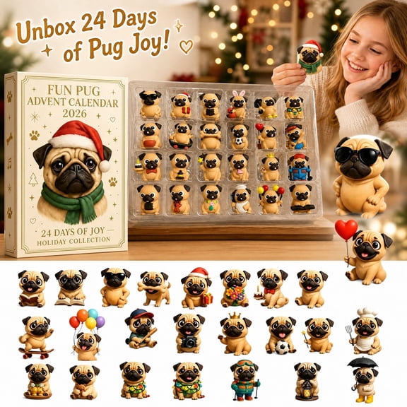 Aximioll Pug Dog Advent Calendar, 24 Day Countdown with 24 Miniature 3D Costumed Pug Figurines, Collectible Holiday Toy Set for Kids Dog Lovers and Desk Display