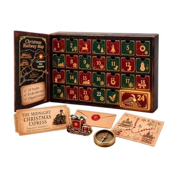 Aximioll Railway Mystery Advent Calendar, 24 Day Train Voyage Countdown with Detective Maps and Clues, Festive Sleuthing Brain Teaser Gift for Kids and Teens