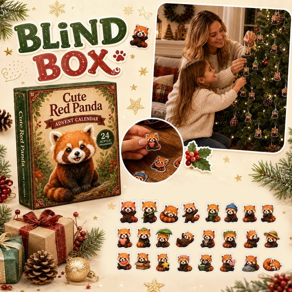 Aximioll Red Panda Christmas Advent Calendar, 24 Days of Flat Acrylic Red Panda Charms Featuring Mushrooms and Leaves, Festive Tree Display and Animal Lover Holiday Gift