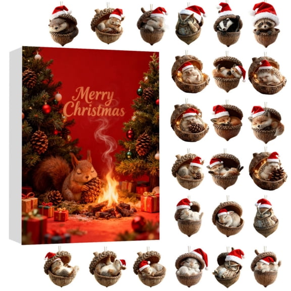 Aximioll Red Squirrel Woodland Christmas Advent Calendar, 24 Daily Reveals of Walnut Shell Hanging Ornaments, Holiday Tree Decoration and Hearth Tabletop Display