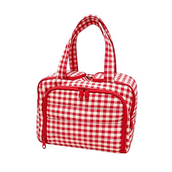 Aximioll Red Travel Makeup Bag 12.2 x 8.66 x 5.91 Inch, Gingham Checkered Cosmetic Bag with Top Handles, Multi‑Pocket Large Capacity Toiletry Organizer for Travel, Bathroom Storage