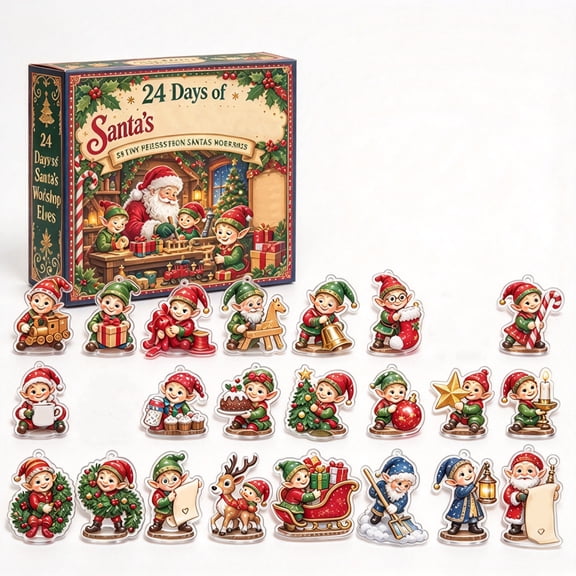 Aximioll Santa's Workshop Elves Advent Calendar 2026, 24 Days of Christmas Countdown Calendar with 24Pcs Elf Ornaments 2D Acrylic Hanging Ornaments, Xmas Gift for Kids Adults Elf Lovers