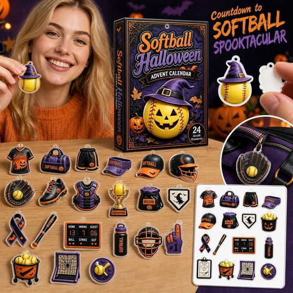 Aximioll Softball Sports Gear Halloween Advent Calendar, 24 Daily Door Reveals of Flat 2D Acrylic Hanging Ornaments, Athletic Team Gifts and Spooky Locker Display