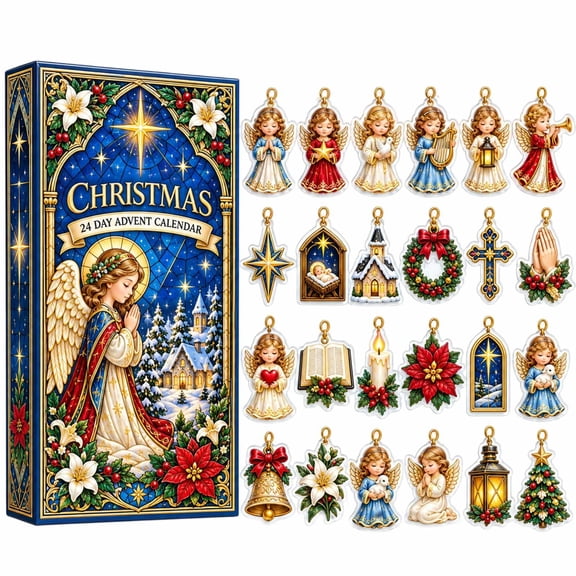 Aximioll Stained Glass Angels Advent Calendar 2026, 24 Days of Christmas Countdown Calendar with 24Pcs Angels 2D Acrylic Hanging Ornaments, Xmas Gift for Families Kids Adults
