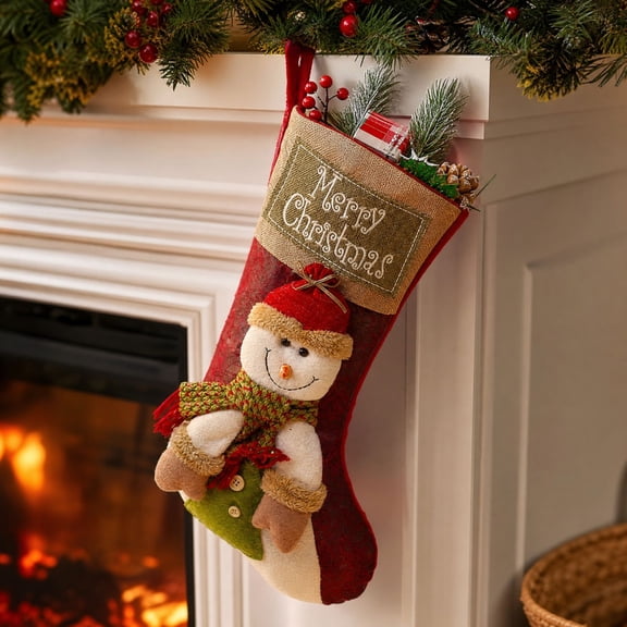 Aximioll Vintage Christmas Stockings, "Merry Christmas" Santa Snowman Reindeer Hanging Gift Sacks, Xmas Candy Stocking Ornaments, Large Gift Bags for Fireplace Tree Home Decor