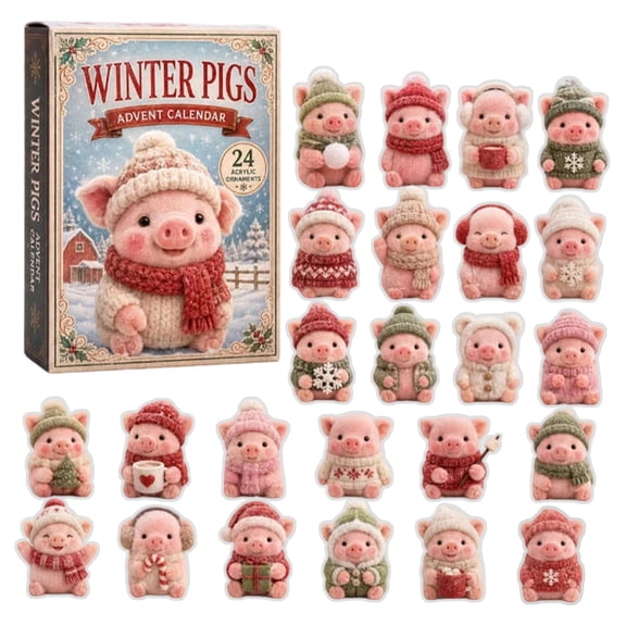 Aximioll Winter Pigs Advent Calendar, 24‑Day Christmas Countdown Blind Box, 24 Pcs Mini Winter‑Themed Pig Figurine Ornaments, Cute Collectible Decorations, Holiday Gift Set for Kids and Pig Lovers