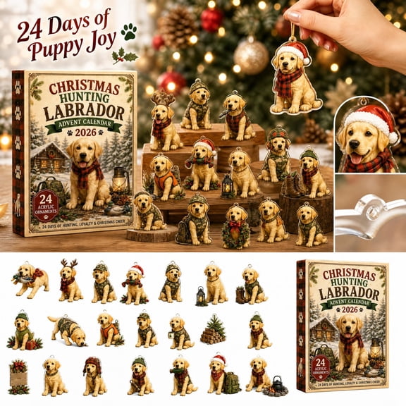 Aximioll Yellow Labrador Retriever Ornament Christmas Advent Calendar, 24 Days of Flat Hanging Charms with Hunting Gear and Holiday Hats, Festive Gift for Lab Owners