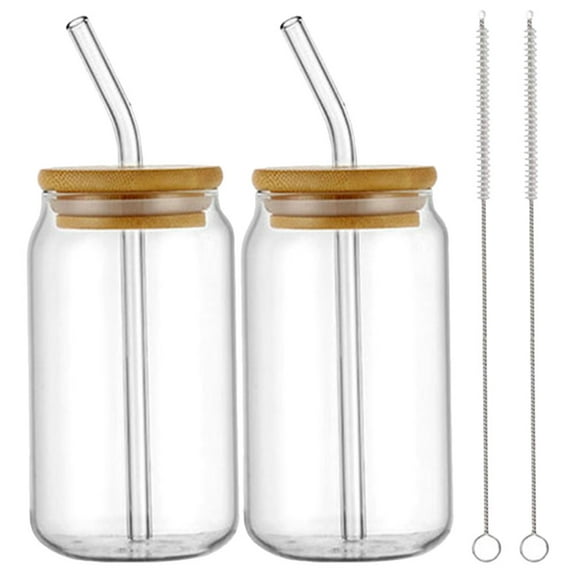 OUNONA Glass Cups with Bamboo Lids and Straws for Daily Use Clear Design Water Cup with Lid and Straw 2 Sets