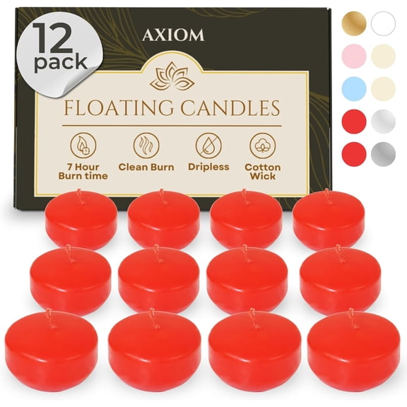 Axiom Pack of 12 Floating Candles 4 Hours Burning Time Dripless Floating Candles for Valentine's Day Natural Hand Rolled Wax Candles for Parties Red (Scented)