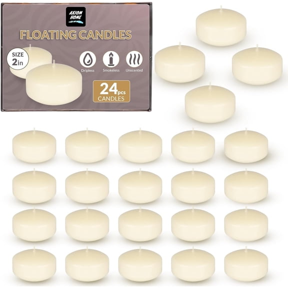 Axiom - Floating Candles for Centerpieces, 24 Pack, 2 Inch Hand-Wound Paraffin Floating Candles, Cotton Wicks, 4 Hour Clean Burn, Unscented, Waterless Candles