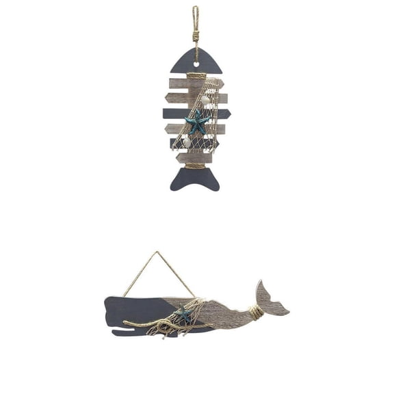 Axioma 2 Pieces Wood Fishbone Whale Hanging Decor Coastal Porch Bar Shop Wall Sign