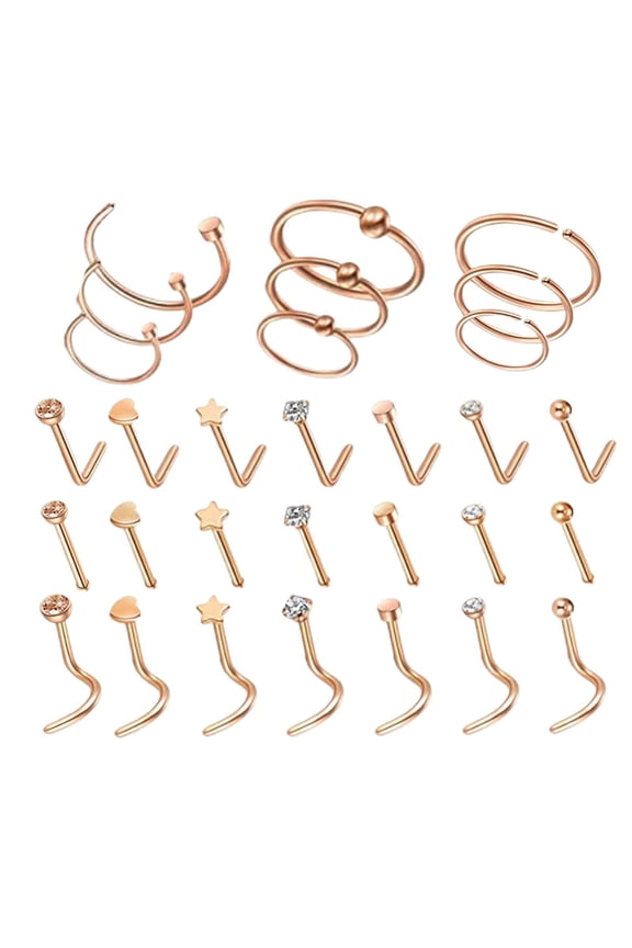30x Fashion Nose Rings Set Crystal Stainless Steel 20G Screw Rose Gold