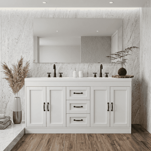 Axioo 60 Inch Bathroom Vanity with Double Sink, Bathroom Vanity with Two Storage Cabinets and Three Drawers, Faucet Not Included, White