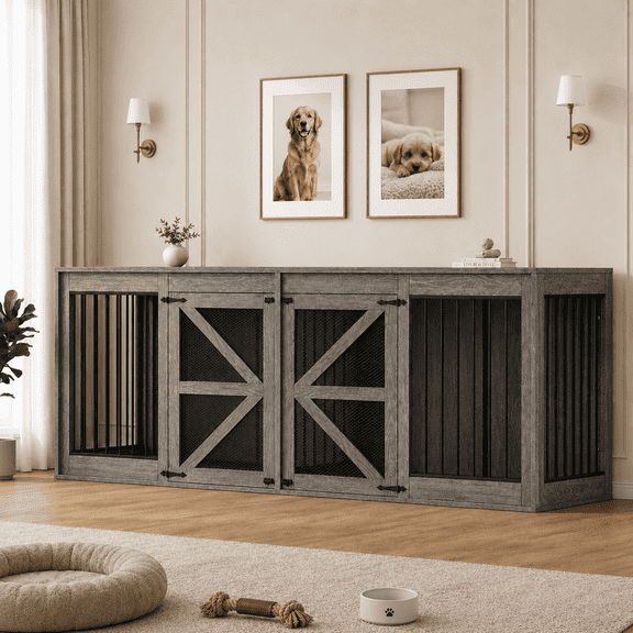 Axioo 94.5" Large Farmhouse Dog Crate TV Stand, Double Dog Crate Furniture with Removable Divider & Solid Metal Tube,Grey