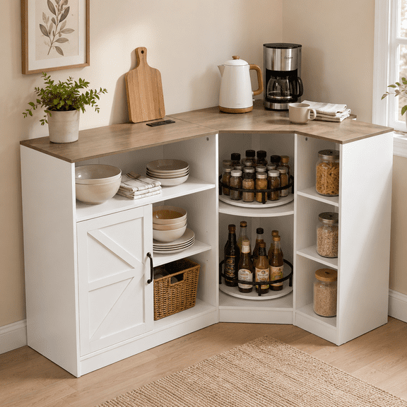 Axioo Corner Cabinet With Charging Station, Farmhouse L-Shaped Kitchen Pantry Cabinet with 2 Tier Lazy Susan Turntable, Corner Storage Cabinet With Adjustable Shelf for Kitchen, Dining Room, White
