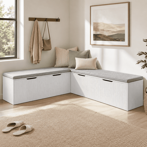 Axioo L-Shaped Corner Storage Bench With Cushion, Multipurpose Storage Seating For Dining Room, Kitchen & Entryway, White