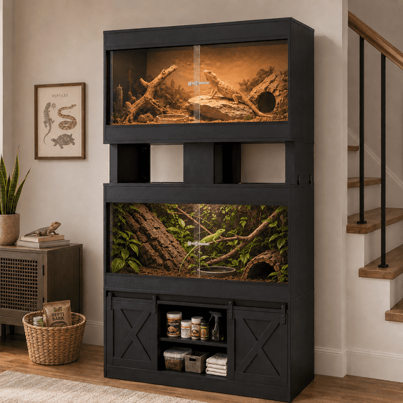 Axioo Large Stackable 4x2x2 Reptile Enclosure, Double Reptile Habitat with Sliding Doors, 120 Gallon Reptile Tank with Stand for Snakes, Crested Geckos, Lizards (Black)