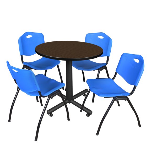 Axis-Pro 30" Round Breakroom Table- Neo Walnut & 4 'M' Stack Chairs- Blue